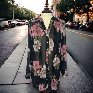 NANETTE LEPORE Black Floral Button Front Semi-Sheer Blouse Size S